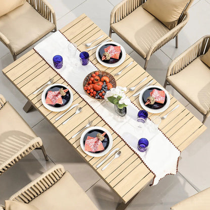 7-Pieces Outdoor Dining Set with Wood-Top Trestle Table and 6 Woven Rattan Armchair - 