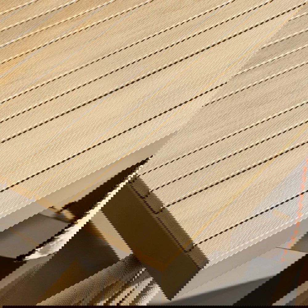 7-Pieces Outdoor Dining Set with Wood-Top Trestle Table and 6 Woven Rattan Armchair - 