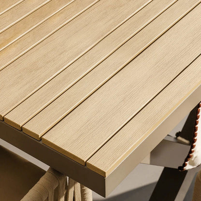 7-Pieces Outdoor Dining Set with Wood-Top Trestle Table and 6 Woven Rattan Armchair - 