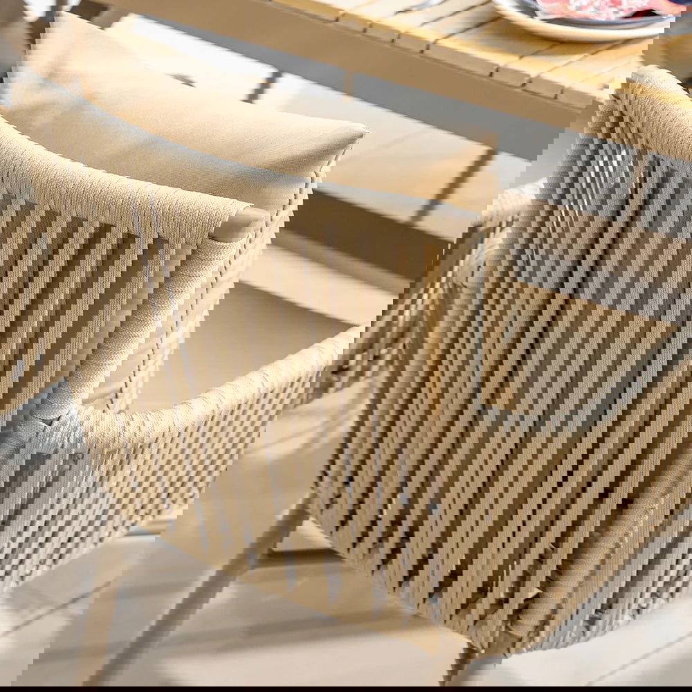 7-Pieces Outdoor Dining Set with Wood-Top Trestle Table and 6 Woven Rattan Armchair - 