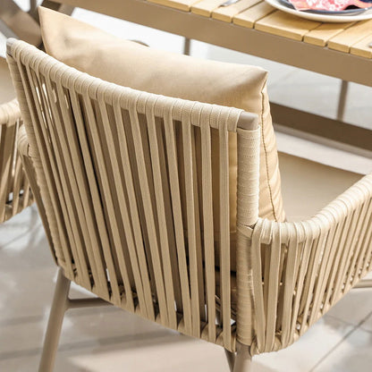 7-Pieces Outdoor Dining Set with Wood-Top Trestle Table and 6 Woven Rattan Armchair - 