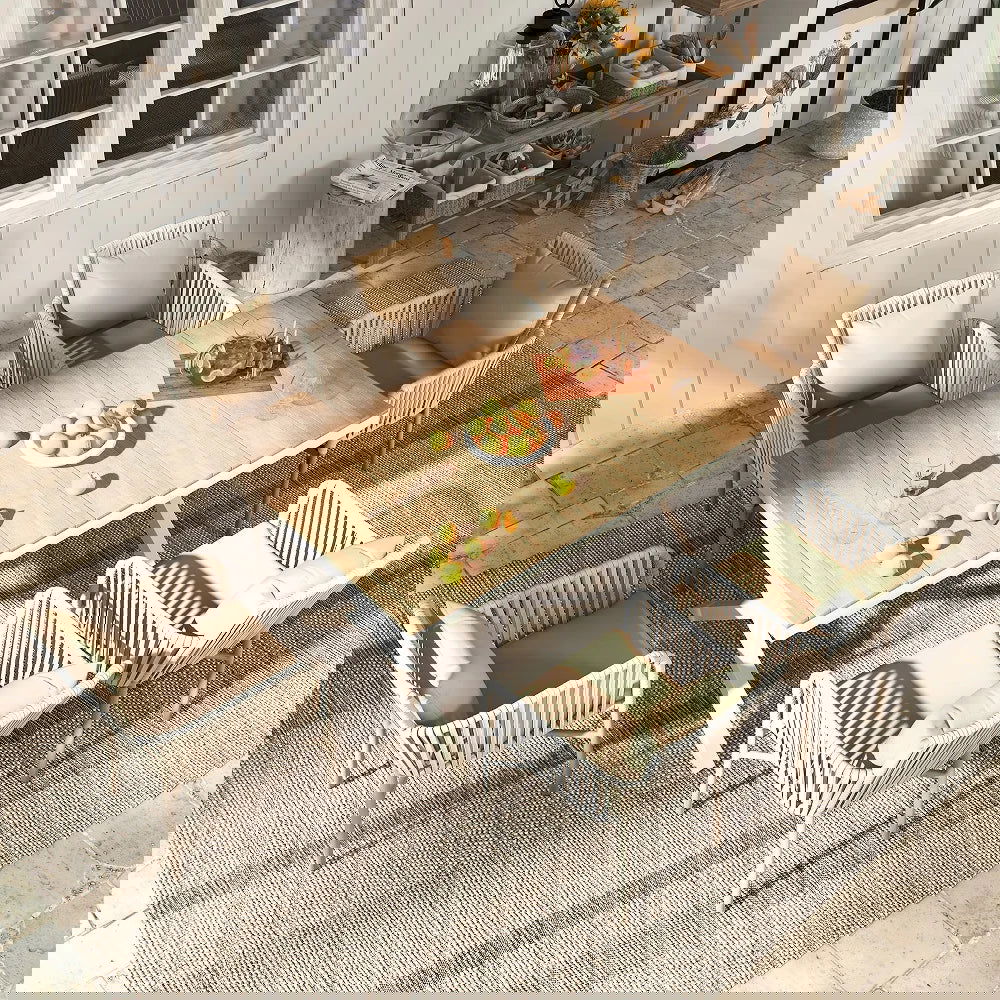 7-Pieces Outdoor Dining Set with Wood-Top Trestle Table and 6 Woven Rattan Armchair - 