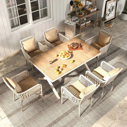 7-Pieces Outdoor Dining Set with Wood-Top Trestle Table and 6 Woven Rattan Armchair - 