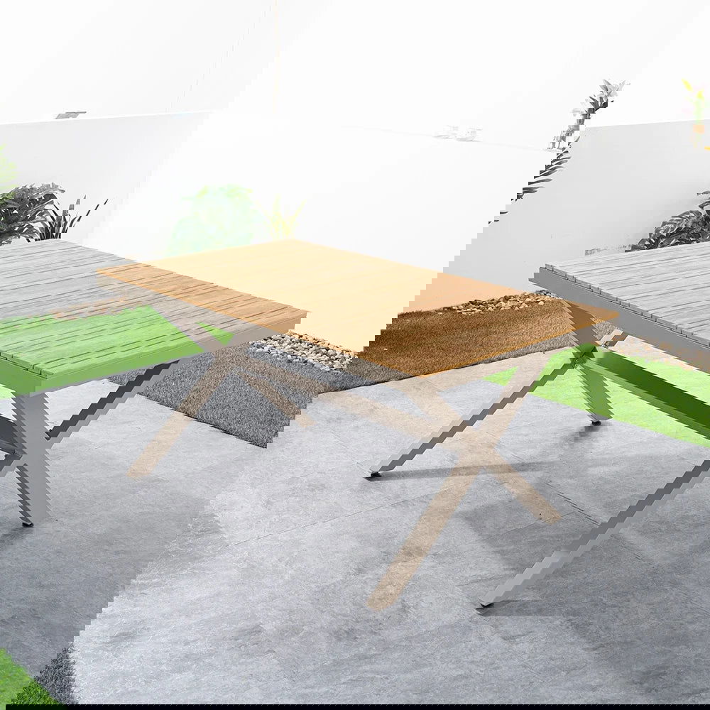 7-Pieces Outdoor Dining Set with Wood-Top Trestle Table and 6 Woven Rattan Armchair - 