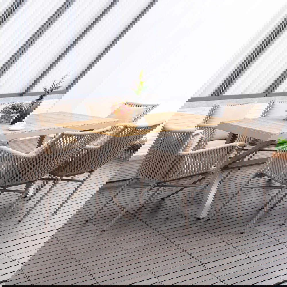 7-Pieces Outdoor Dining Set with Wood-Top Trestle Table and 6 Woven Rattan Armchair - 