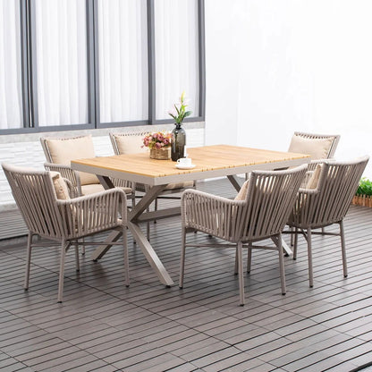 7-Pieces Outdoor Dining Set with Wood-Top Trestle Table and 6 Woven Rattan Armchair - 