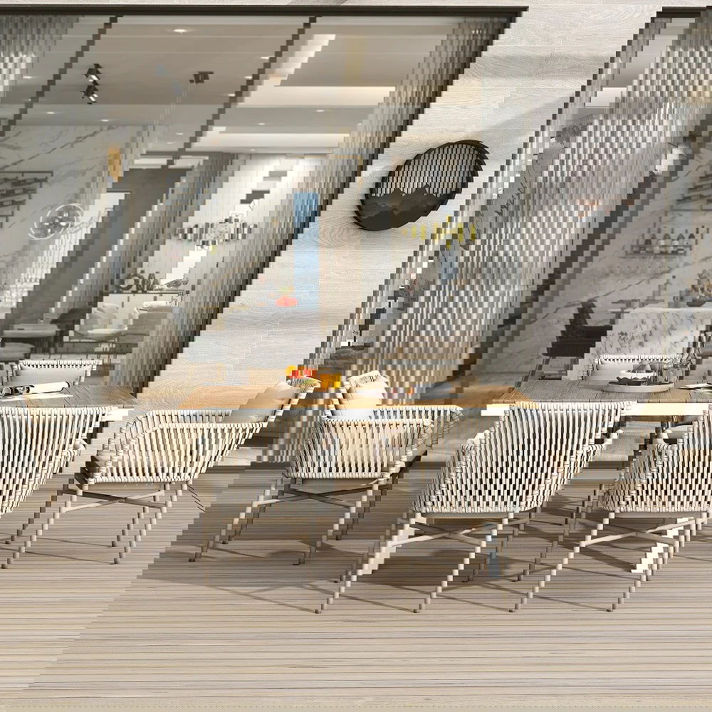 7-Pieces Outdoor Dining Set with Wood-Top Trestle Table and 6 Woven Rattan Armchair - 