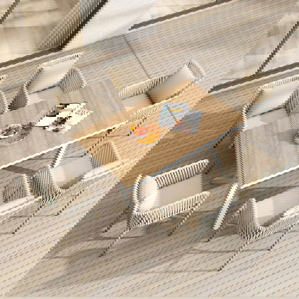 7-Pieces Outdoor Dining Set with Wood-Top Trestle Table and 6 Woven Rattan Armchair - 