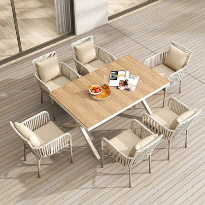 7-Pieces Outdoor Dining Set with Wood-Top Trestle Table and 6 Woven Rattan Armchair - 