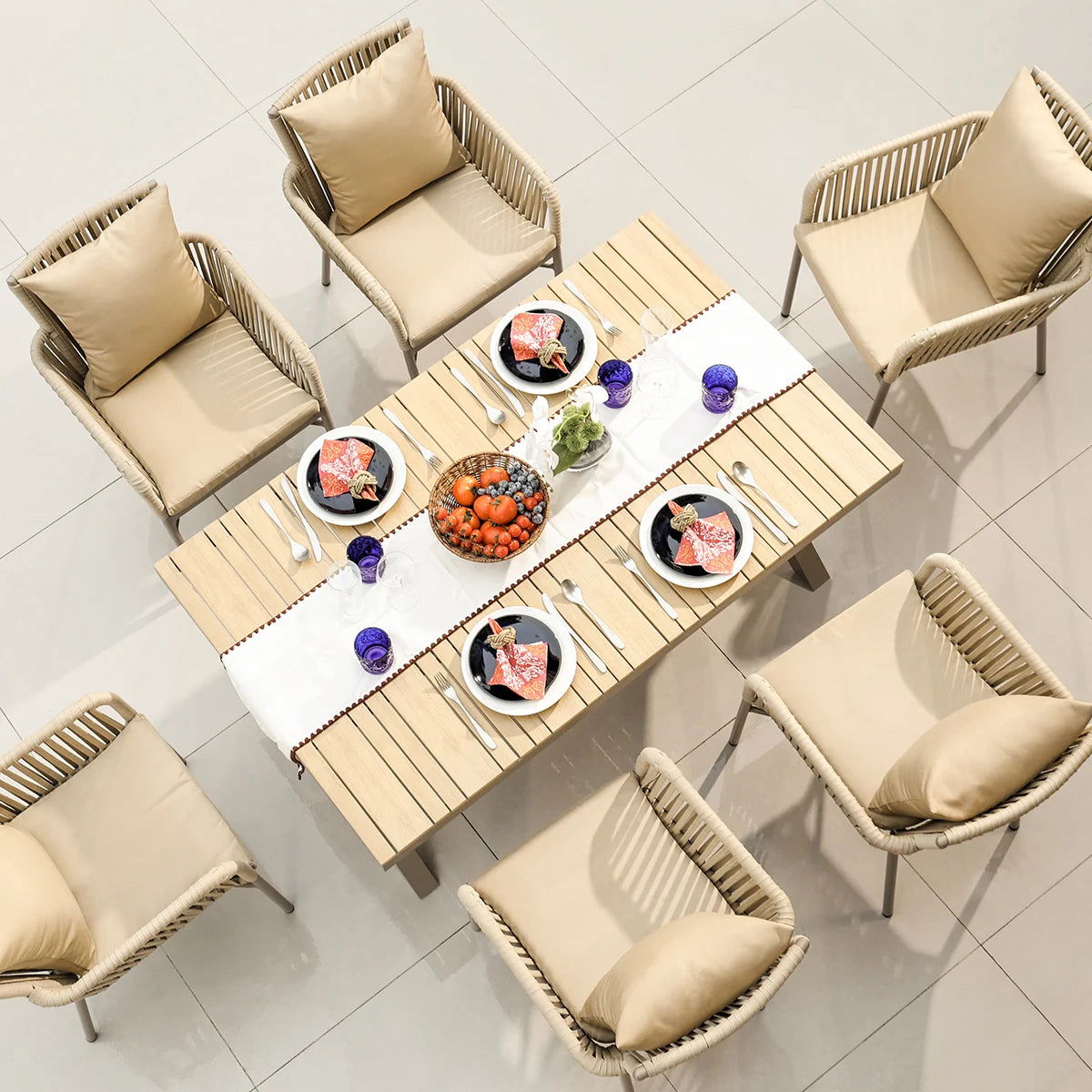 7-Pieces Outdoor Dining Set with Wood-Top Trestle Table and 6 Woven Rattan Armchair - Homary