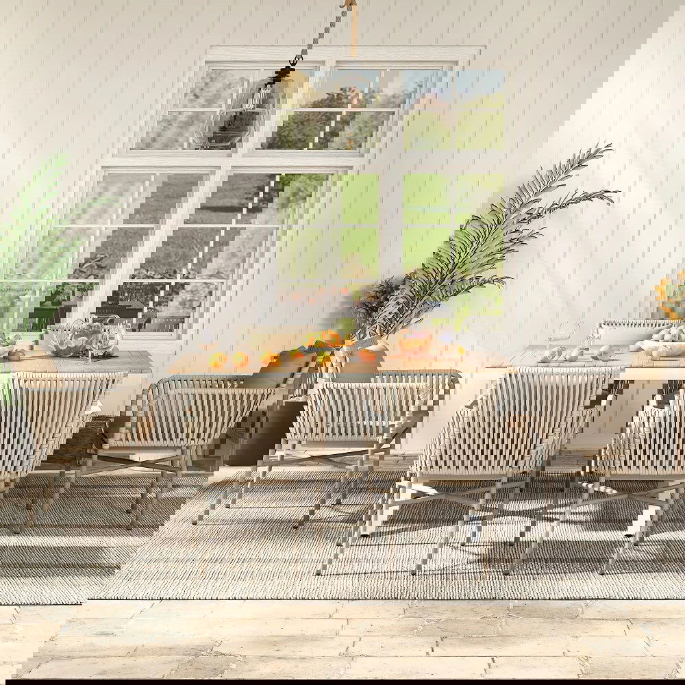 7-Pieces Outdoor Dining Set with Wood-Top Trestle Table and 6 Woven Rattan Armchair - Homary