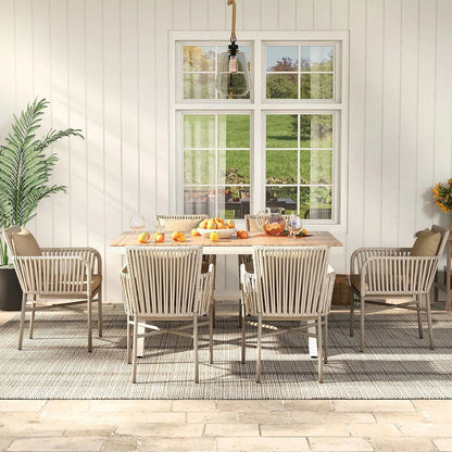 7-Pieces Outdoor Dining Set with Wood-Top Trestle Table and 6 Woven Rattan Armchair - Homary