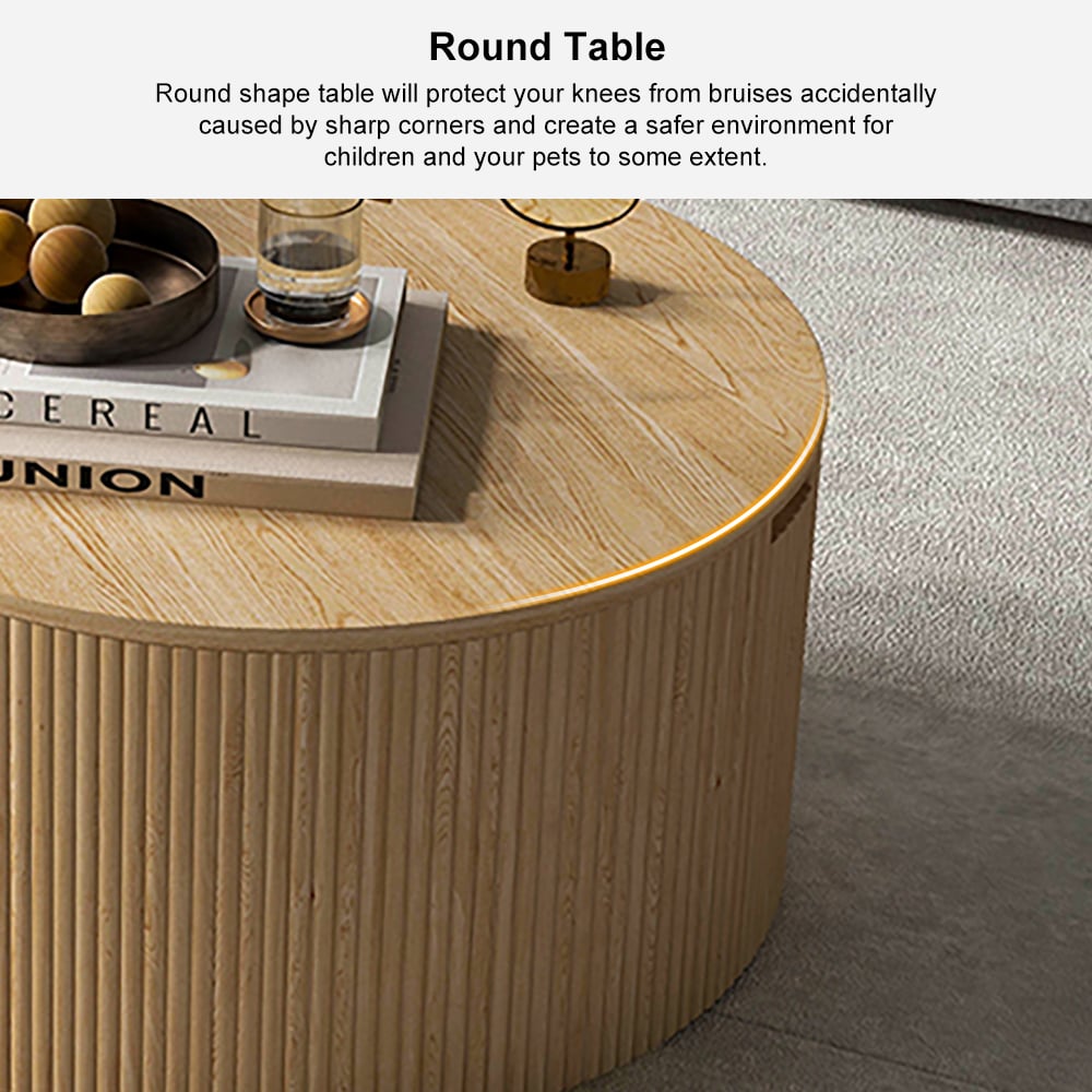 700mm Japandi Round Wood Coffee Table with Storage in Natural - 