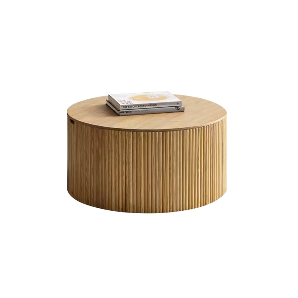 700mm Japandi Round Wood Coffee Table with Storage in Natural - 