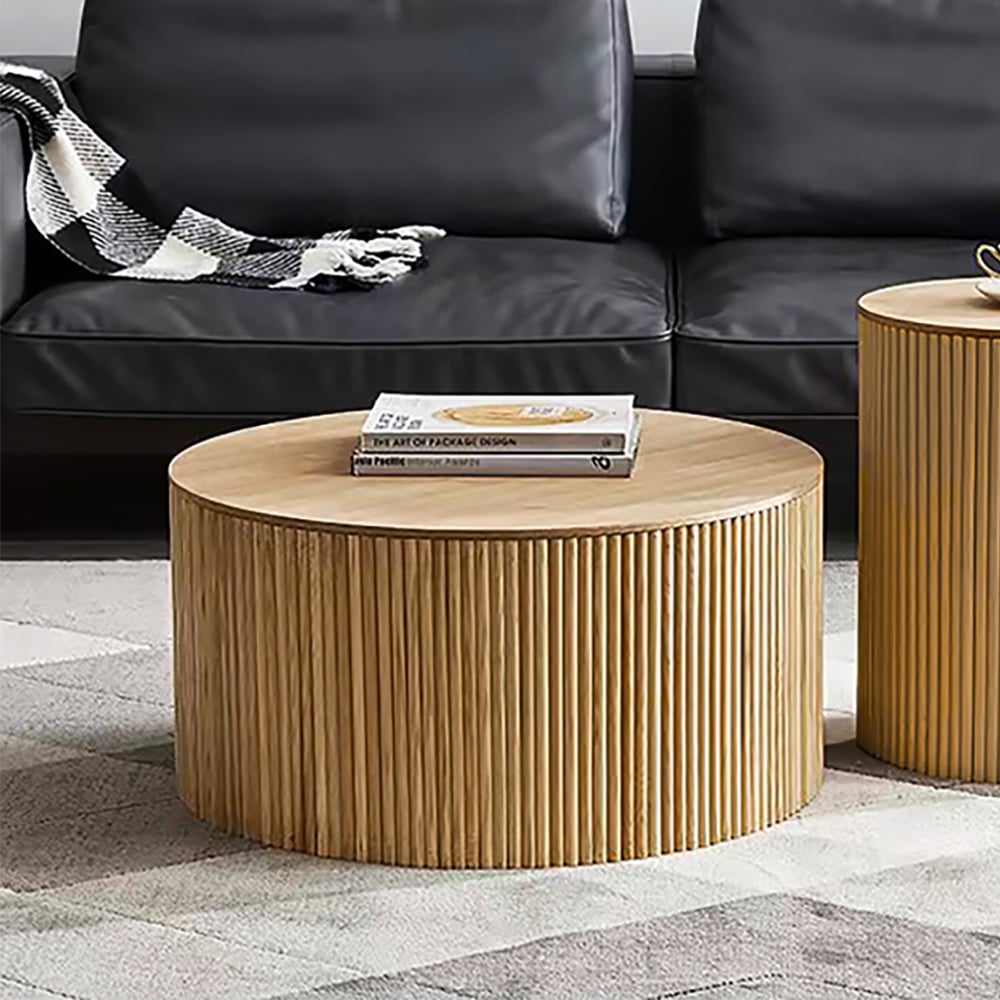 700mm Japandi Round Wood Coffee Table with Storage in Natural - Homary