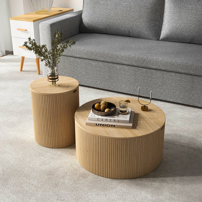 700mm Japandi Round Wood Coffee Table with Storage in Natural - Homary
