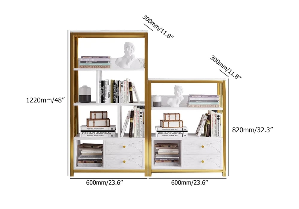 Modern White Bookshelf Wood Book Shelf with 2 Drawers in Gold Metal Frame