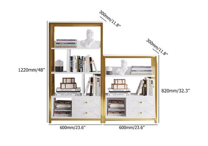 Modern White Bookshelf Wood Book Shelf with 2 Drawers in Gold Metal Frame