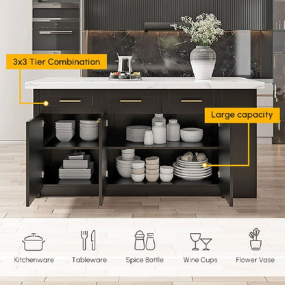 72" Kitchen Islands Black Modern with Storage Kitchen Cabinet - 