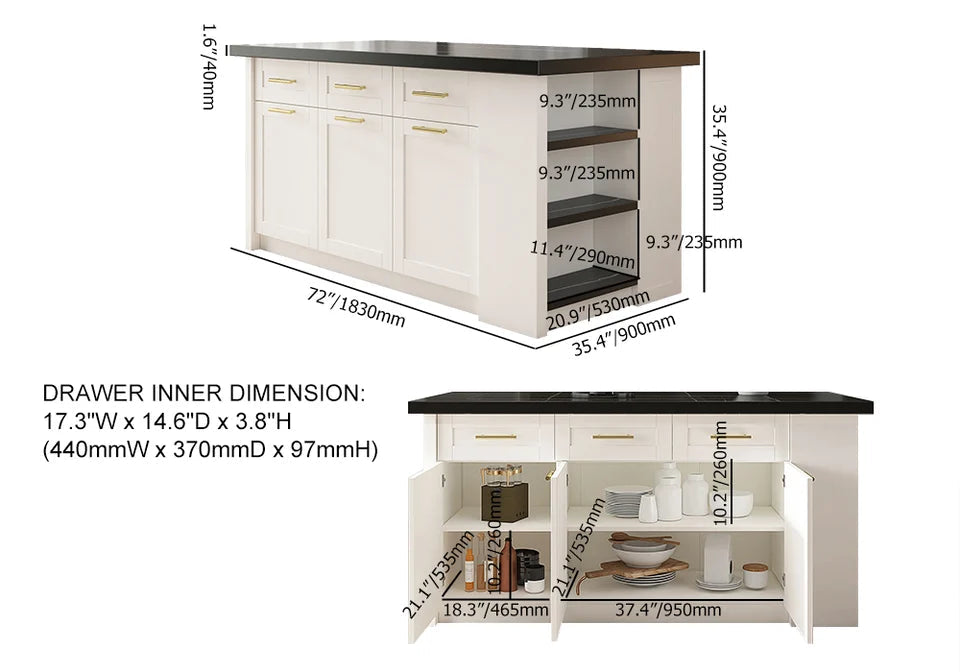 72" Kitchen Islands Black & White Modern with Storage Kitchen Cabinet - 
