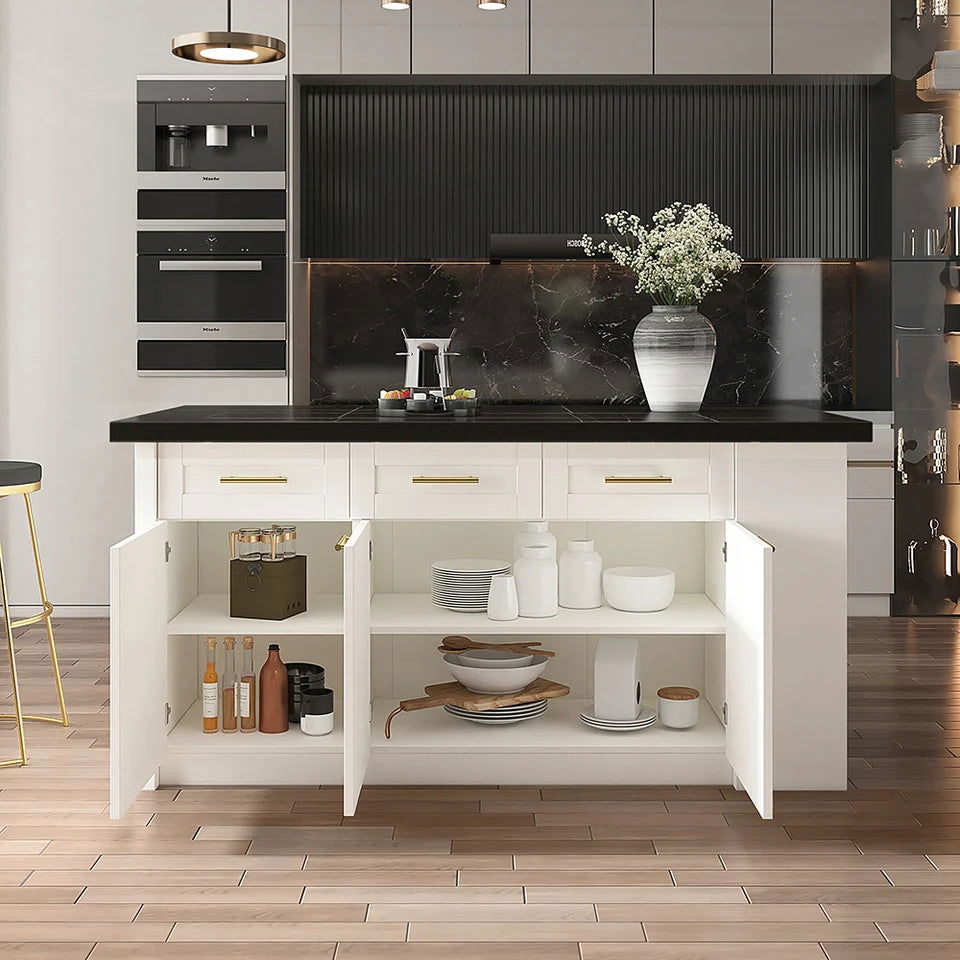72" Kitchen Islands Black & White Modern with Storage Kitchen Cabinet - 