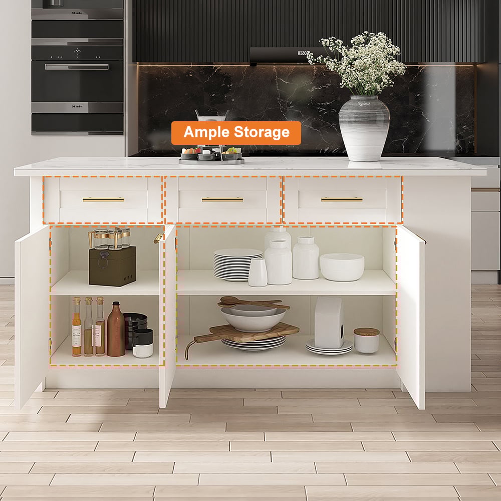 72" Kitchen Islands Sintered Stone White Modern with Storage Kitchen Cabinet - 