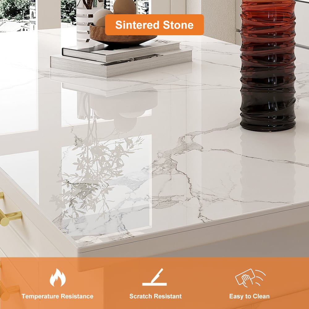 72" Kitchen Islands Sintered Stone White Modern with Storage Kitchen Cabinet - 