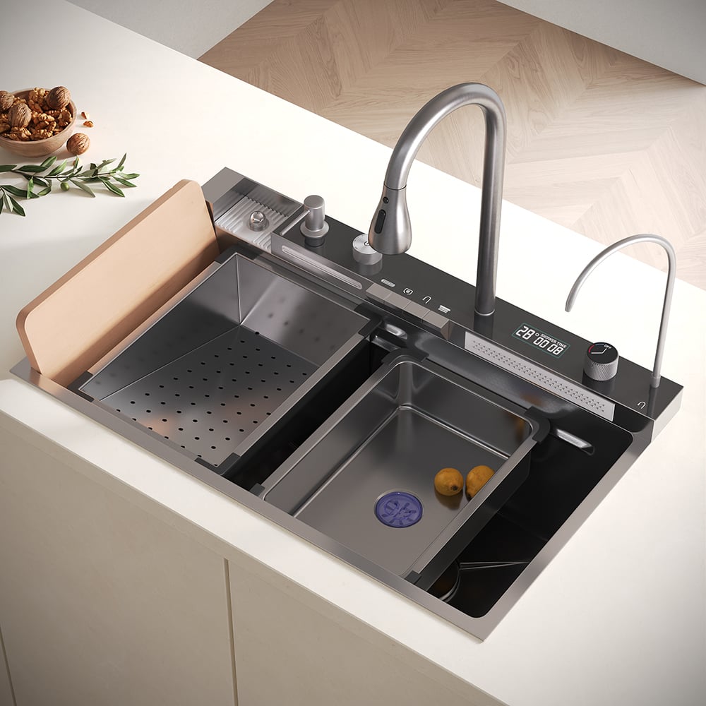 750mm Black Drop-in Kitchen Sink with Mixer Tap Single Bowl Stainless Steel - 