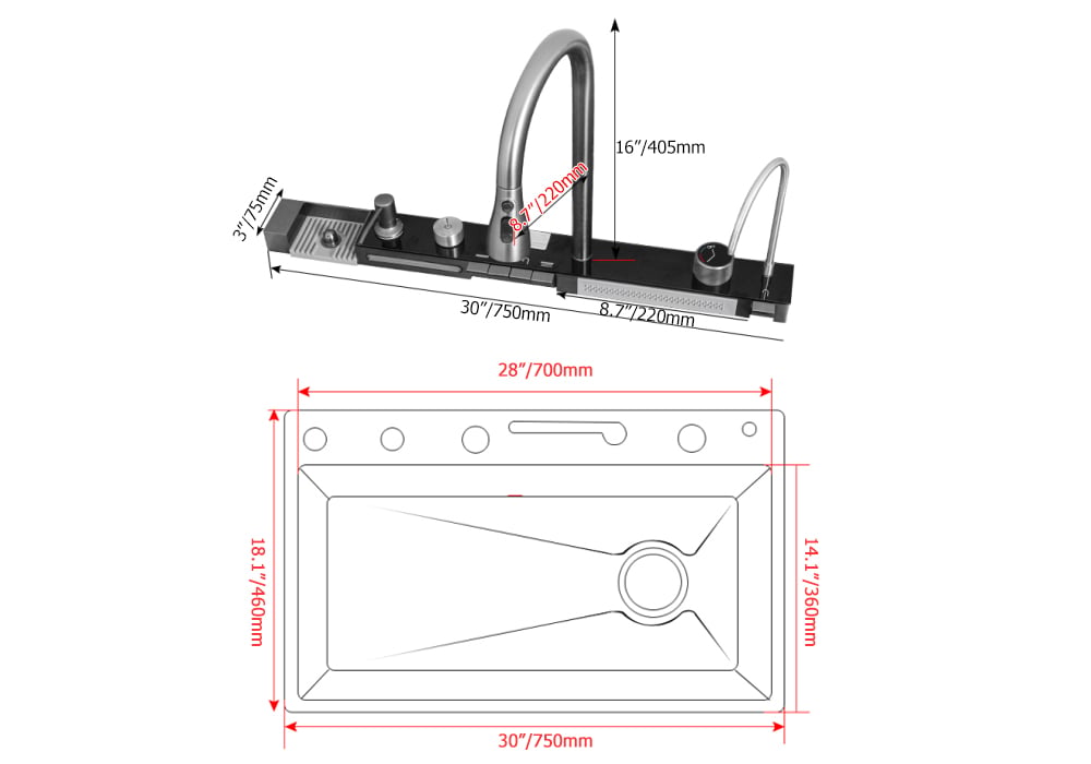 750mm Black Drop-in Kitchen Sink with Mixer Tap Single Bowl Stainless Steel - 