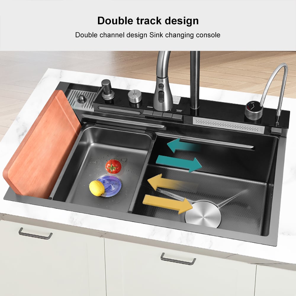750mm Black Drop-in Kitchen Sink with Mixer Tap Single Bowl Stainless Steel - 