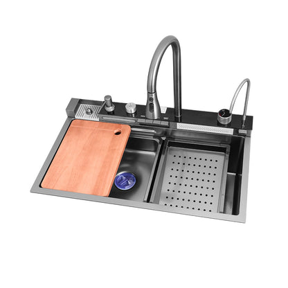 750mm Black Drop-in Kitchen Sink with Mixer Tap Single Bowl Stainless Steel - 