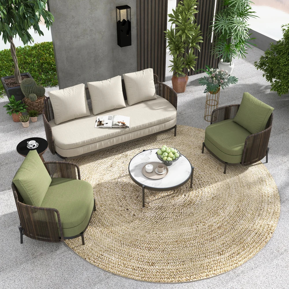 4Pcs Aluminum & Rattan Outdoor Sofa Set with Faux Marble Top Coffee Table Cushion Pillow