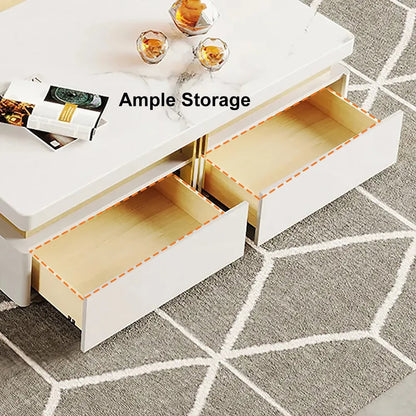 Trimied 1100mm Modern White Square Storage Coffee Table Stone Top with 4 Wood Drawers