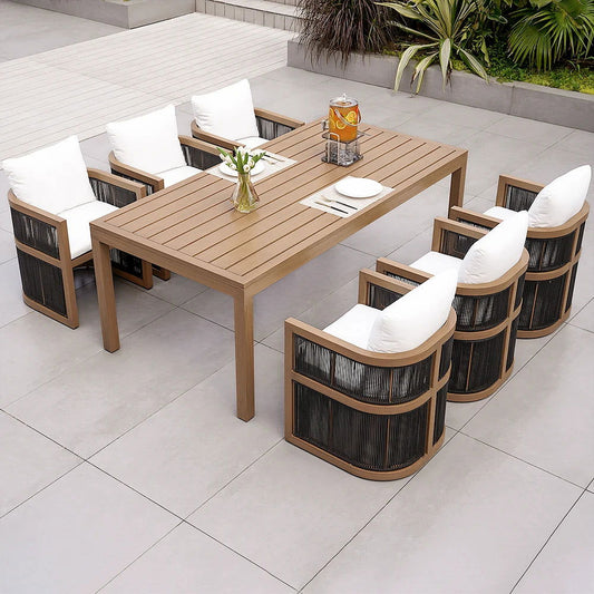 7 Pieces Outdoor Dining Set For 6 with Rectangle Table & Rope Woven Armchair in Natural - 