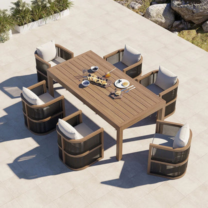 7 Pieces Outdoor Dining Set For 6 with Rectangle Table & Rope Woven Armchair in Natural - 