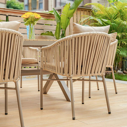 7 Pieces Outdoor Dining Set with Rectangle Table and Woven Rattan Armchair in Natural - 