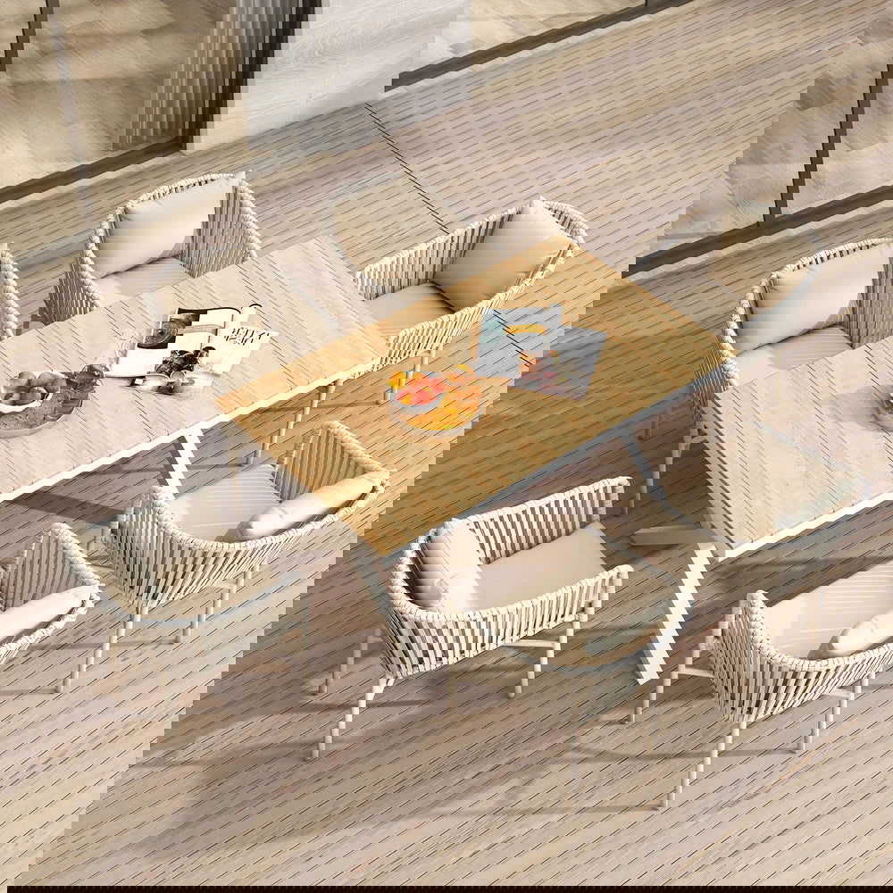 7 Pieces Outdoor Dining Set with Rectangle Table and Woven Rattan Armchair in Natural - 