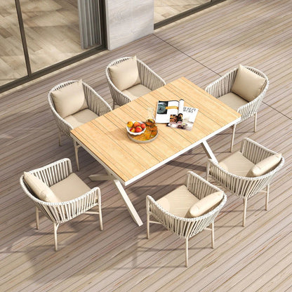 7 Pieces Outdoor Dining Set with Rectangle Table and Woven Rattan Armchair in Natural - 