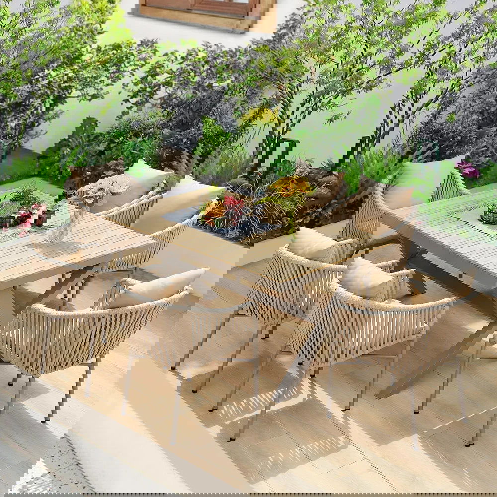 7 Pieces Outdoor Dining Set with Rectangle Table and Woven Rattan Armchair in Natural - 