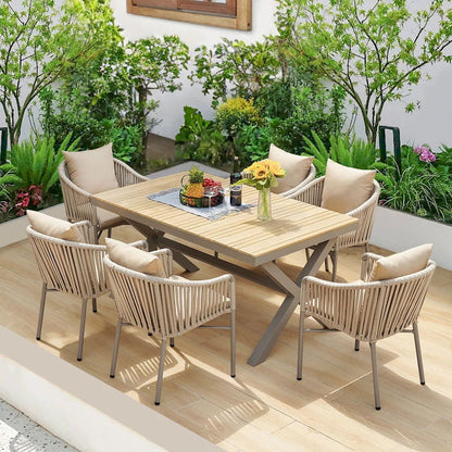 7 Pieces Outdoor Dining Set with Rectangle Table and Woven Rattan Armchair in Natural - 