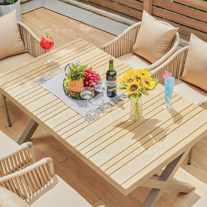 7 Pieces Outdoor Dining Set with Rectangle Table and Woven Rattan Armchair in Natural - 
