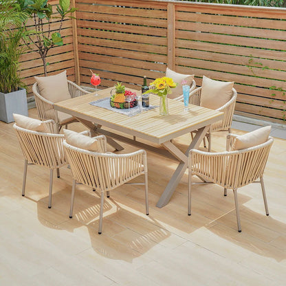 7 Pieces Outdoor Dining Set with Rectangle Table and Woven Rattan Armchair in Natural - 