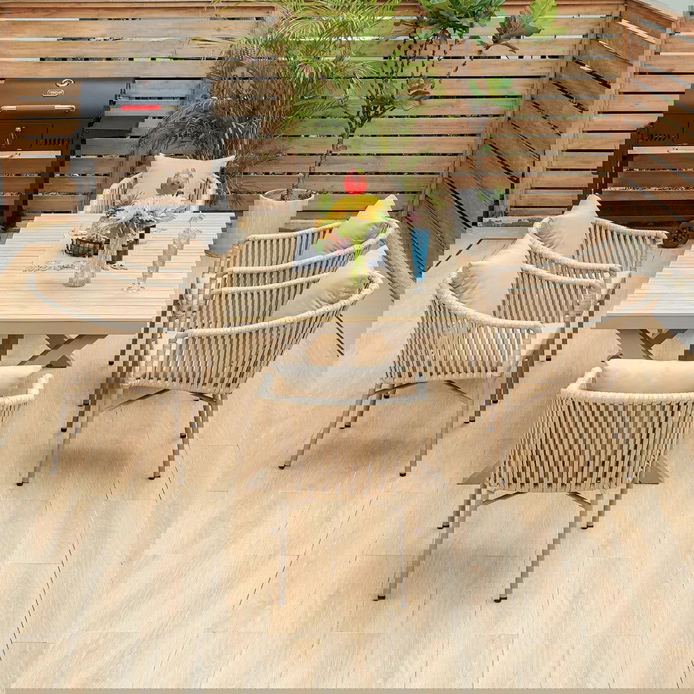 7 Pieces Outdoor Dining Set with Rectangle Table and Woven Rattan Armchair in Natural - Homary