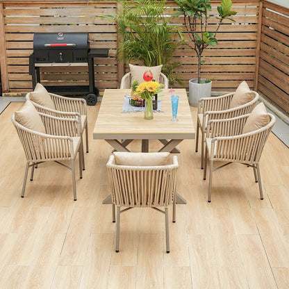 7 Pieces Outdoor Dining Set with Rectangle Table and Woven Rattan Armchair in Natural - Homary