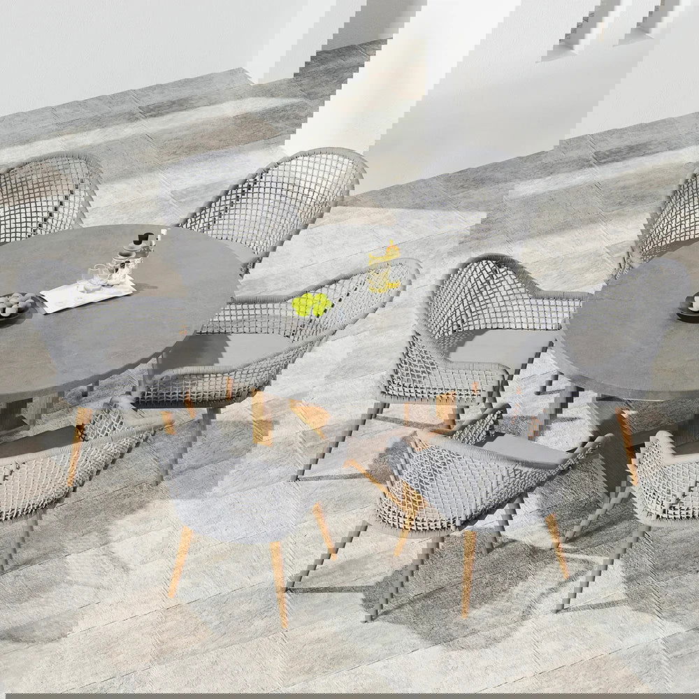 7 Pieces Teak Round Outdoor Concrete Dining Set with Gray Table Woven Armchair 6-Person - 