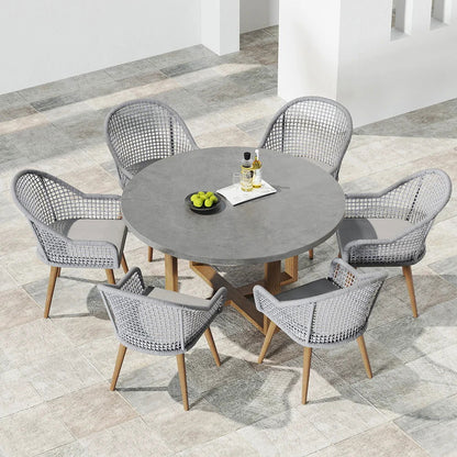 7 Pieces Teak Round Outdoor Concrete Dining Set with Gray Table Woven Armchair 6-Person - 