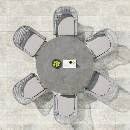 7 Pieces Teak Round Outdoor Concrete Dining Set with Gray Table Woven Armchair 6-Person - 