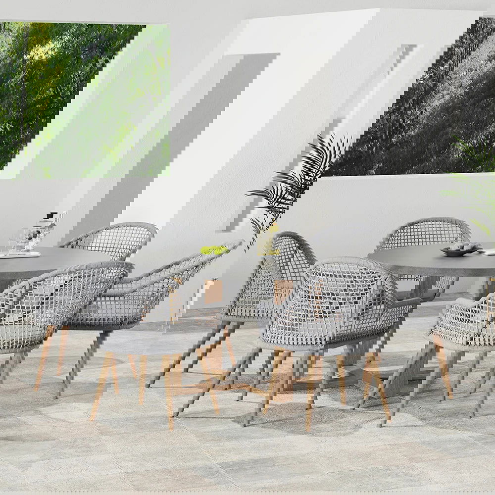 7 Pieces Teak Round Outdoor Concrete Dining Set with Gray Table Woven Armchair 6-Person - 