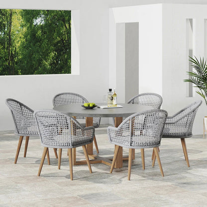 7 Pieces Teak Round Outdoor Concrete Dining Set with Gray Table Woven Armchair 6-Person - 