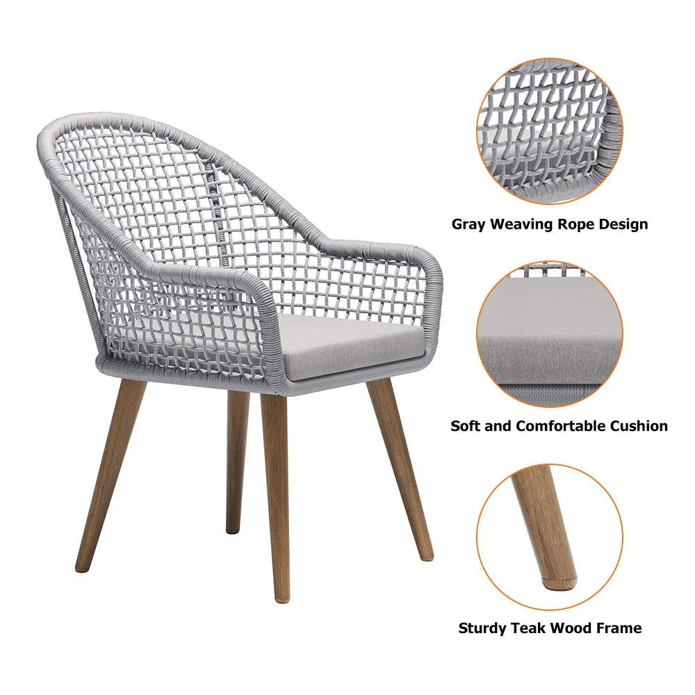 7 Pieces Teak Round Outdoor Concrete Dining Set with Gray Table Woven Armchair 6-Person - 